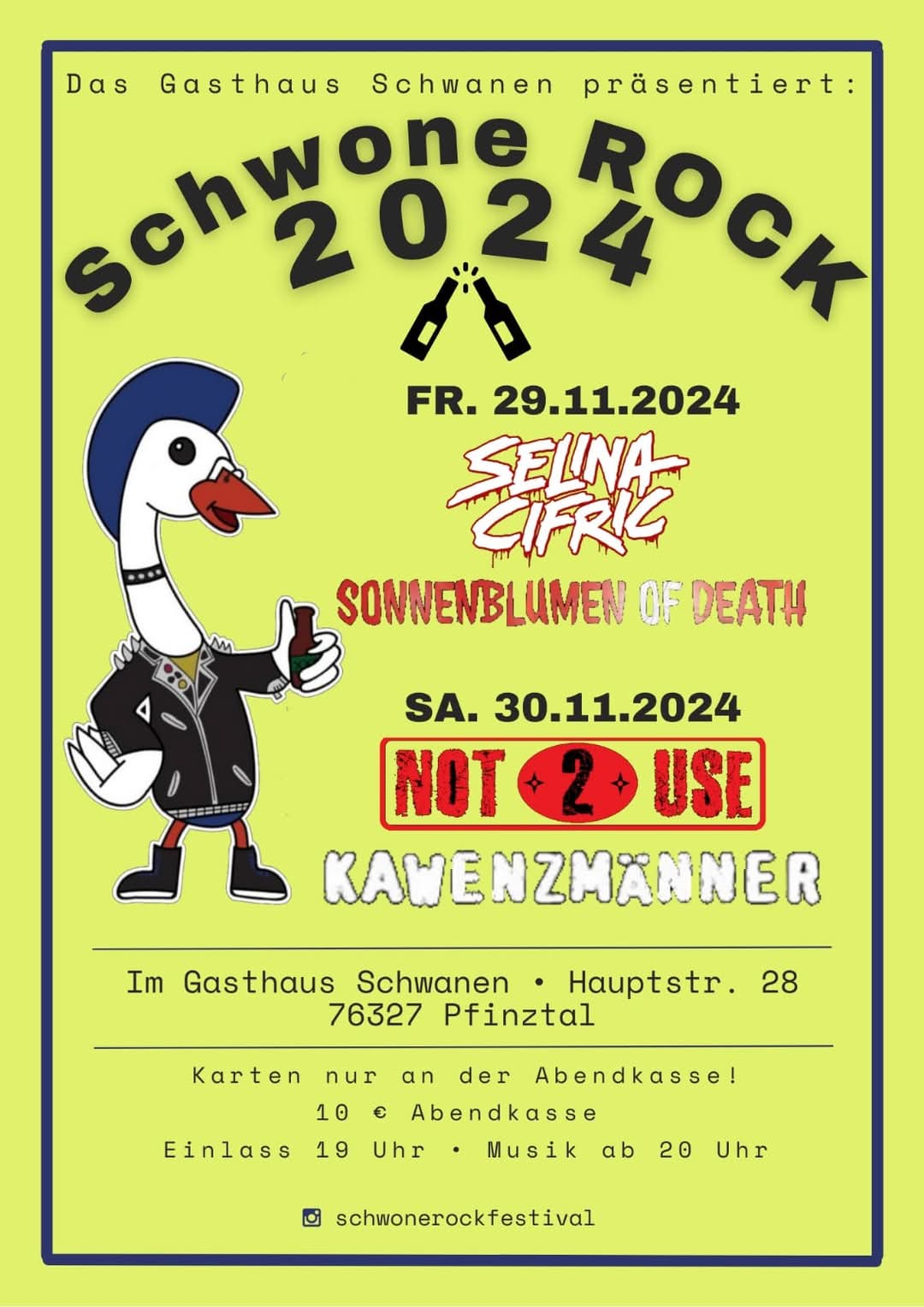 Das Plakat zum Schwone Rock 2024 im Gasthaus Schwanen am 29. und 30.11.2024 in Pfinztal-Söllingen